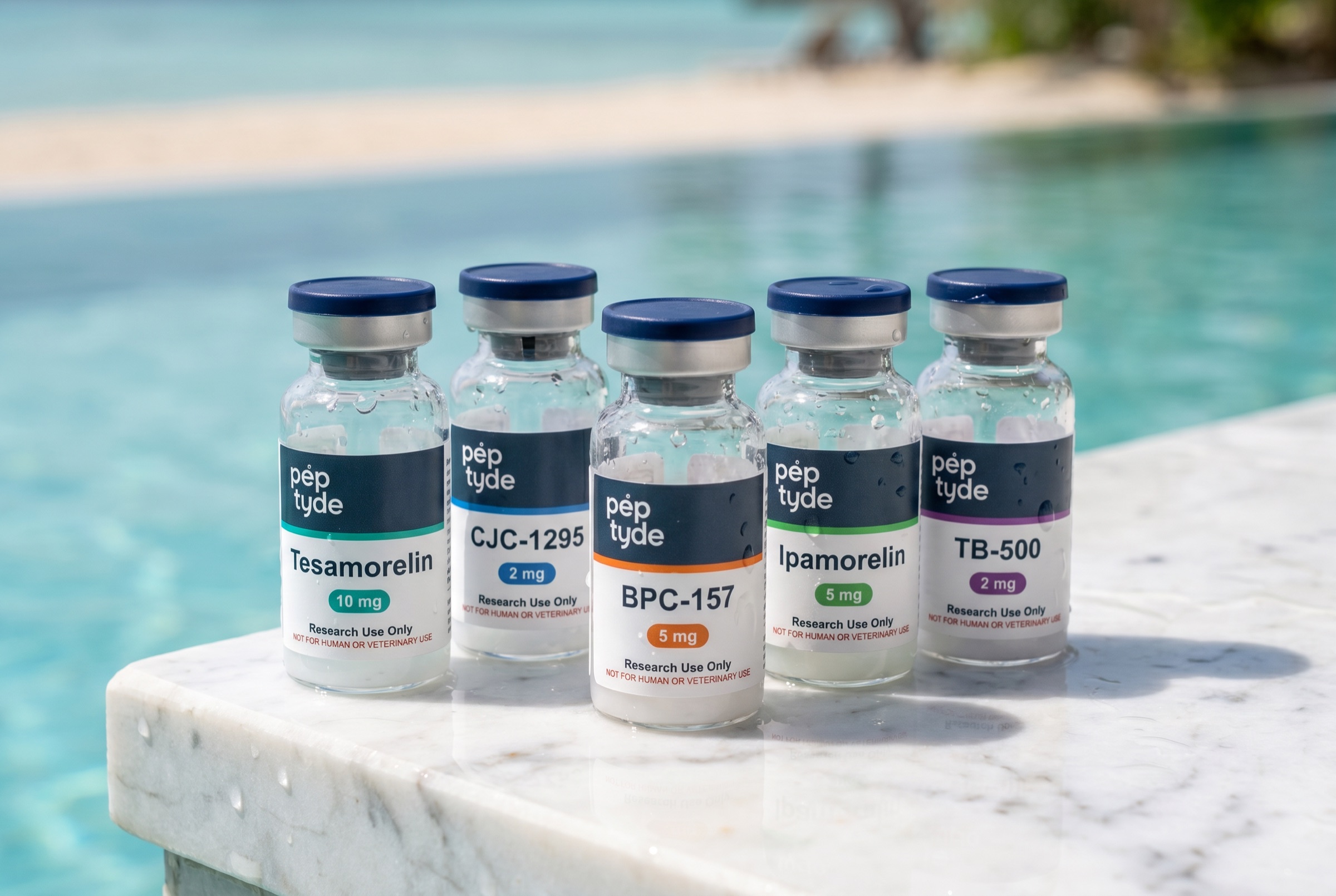 Peptyde research vials arranged in a row